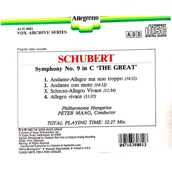Schubert Symphony No. 9 In C "The Great" Allegretto Classical Music 37362cd - Picture 2 of 2